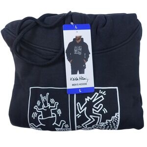Keith Haring Hoodie Men Large Art Style Graphic Pullover Black Pocket NWT